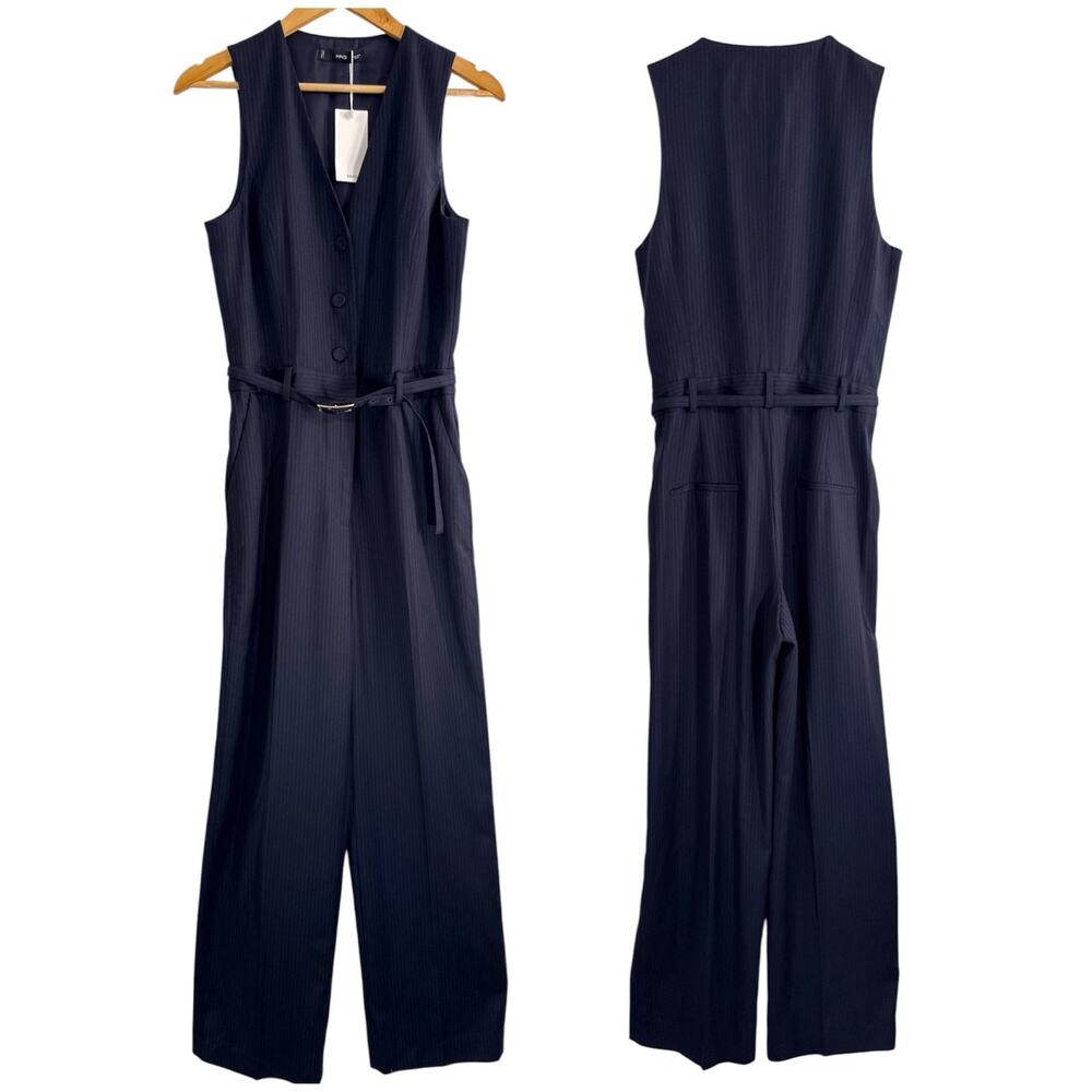 NWT Mango V Neck Sleeveless Pinstripe Tailored Jumpsuit Belted Wide Leg Size M